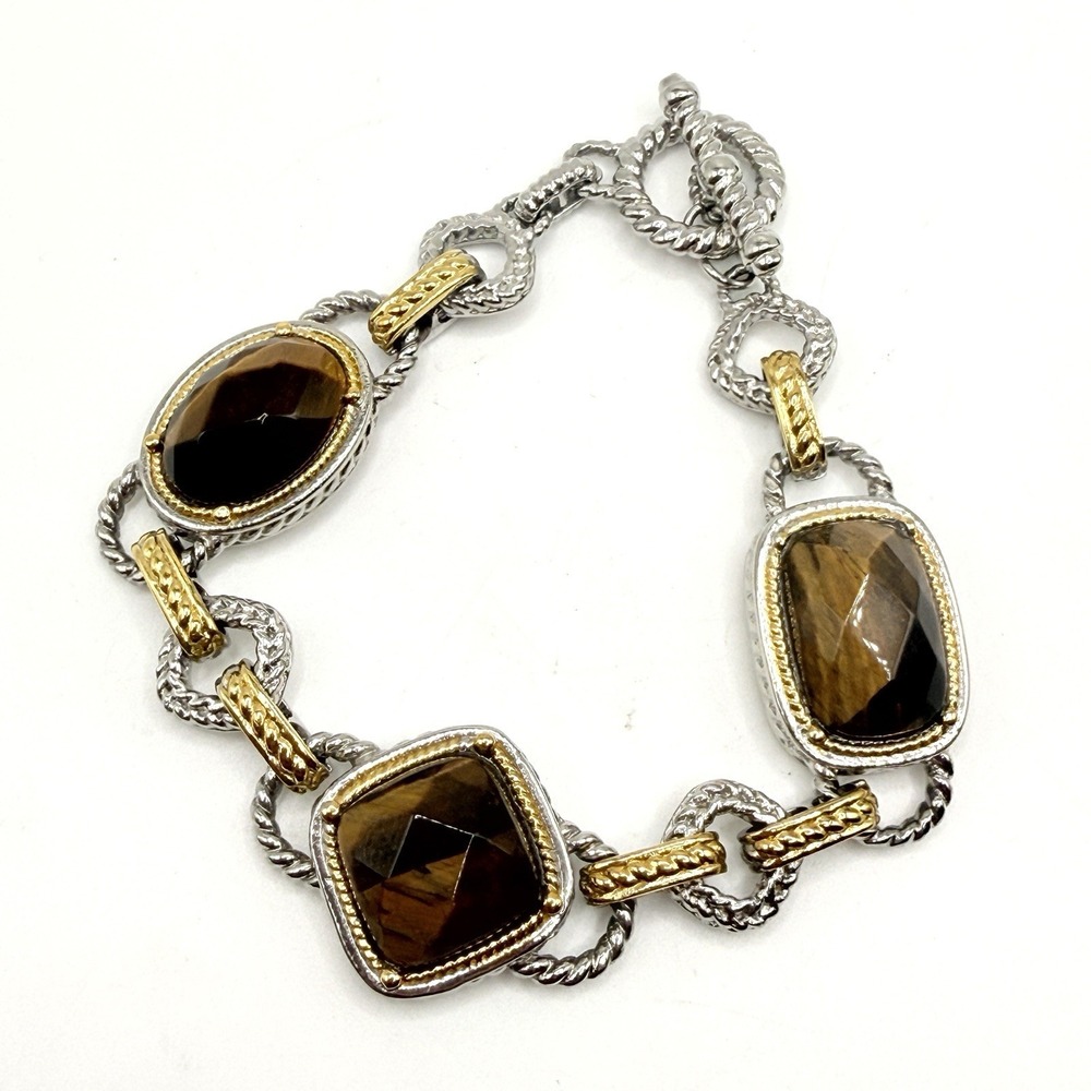 Faceted Tiger's Eye Toggle Clasp Silver & Gold Stainless Steel Bracelet 7.5"